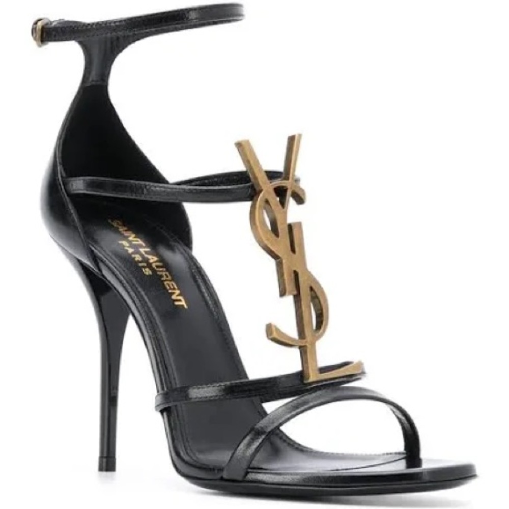 Saint Laurent Cassandra Black Heels with Gold YSL Logo
